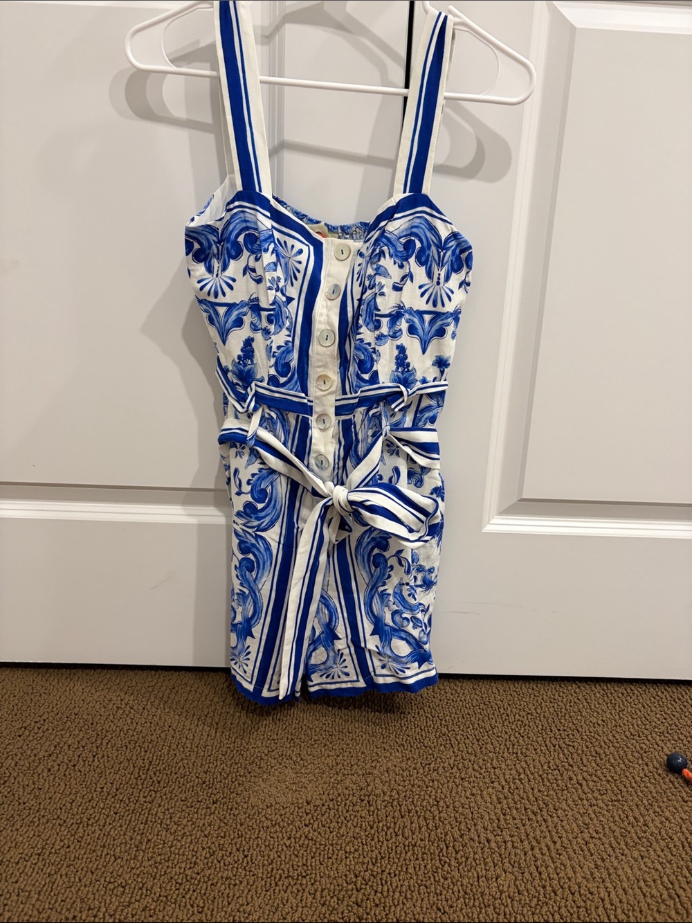FARM Rio Blue & White Printed Square-Neck Romper with Tie Waist - Picture 3 of 4